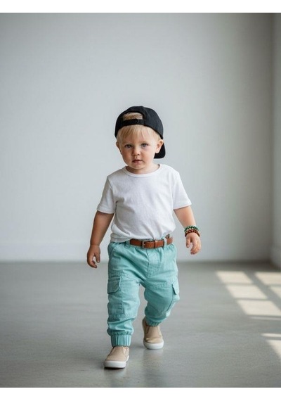 Zekids Erkek Bebek Pamuklu Beli Lastikli Kargo Pantolon-16933 Yeşil