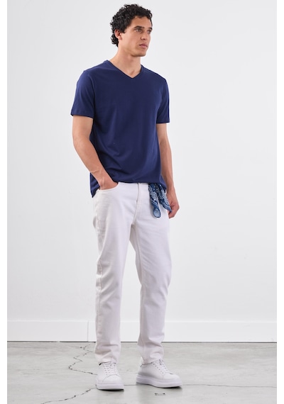 Dufy Lacivert V Yaka Pamuklu Düz Renk Slim Fit Erkek T-shirt Lacivert