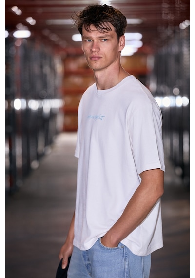 Grimelange Saımon Erkek %100 Organik Pamuklu Yuvarlak Yakalı Nakış Detaylı Regular Fit Ekru T-shirt