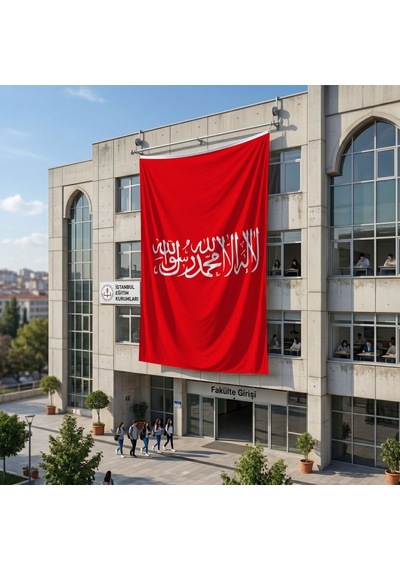 Kırmızı Kelime-i Tevhid Bayrağı 140gr Premium Raşel Kumaş 6x9 Metre Diğer