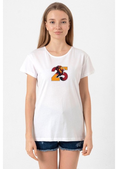 25 Aslan Beyaz Kadın Bisikletyaka Tshirt Beyaz