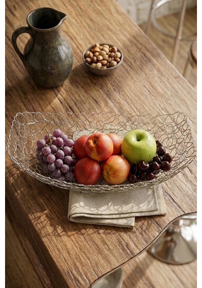 Ferforje Metal Dekoratif Ekmeklik, Meyvelik, Dekoratif Tabak 36cm Gümüş Renk