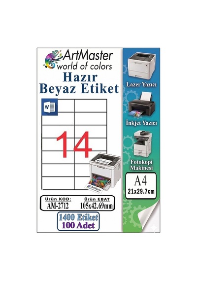 A4 Hazır Beyaz Etiket 105x42.7mm 100 Sayfa 1 Paket 14 Lü Kendinden Yapışkanlı Fotokopi Lazer İnkjet Kağıdı Yazıcılar