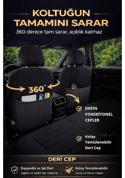 Lifos Serisi Koton Kumaş Universal Oto Koltuk Kılıfı Tam Set Siyah Gri Genel