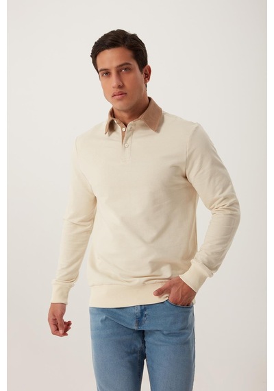 Polostate Erkek 2 İplik Pamuklu Regular Fit Polo Sweat Ekru Gömlek Ekru