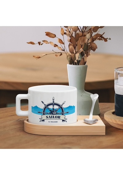 Bk Gift Kişiye Özel İsimli Denizci Tasarımlı-6, Ahşap Altlıklı Seramik Fincan, Meslek Hediyesi, Yeni İş Hediyesi Kobitmeyen137947 Bk Gift