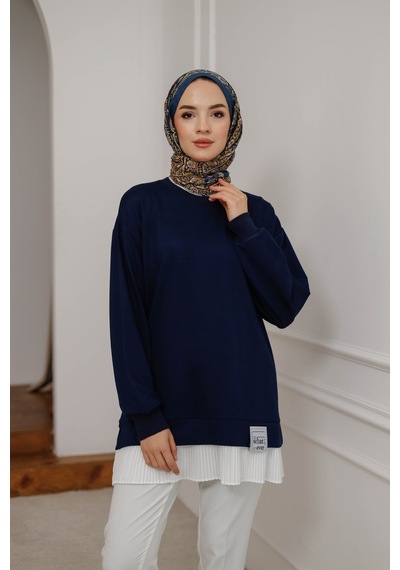 Moonsc Kadın Regular Fit %100 Pamuk Eteği Piliseli Bisiklet Yaka Tesettür Lacivert Tunik