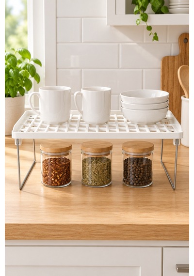 Katlanabilir Metal Ayaklı Dolap İçi Raf Yükseltici 36x22x16 Cm Mutfak Ve Banyo Düzenleyici Organizer Beyaz