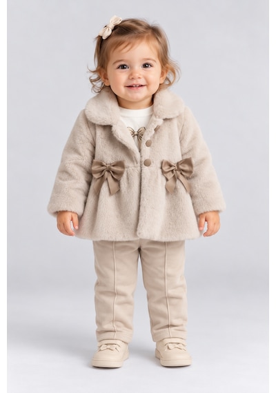 Ahengim Kız Bebek Peluş Mont Fiyonklu Düğmeli Yumuşak Dokulu Kışlık Ceket Ak8548 Bej