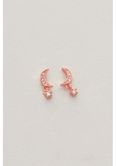 Gümüş Rose Zirkon Taşlı Sallantılı Ay Yıldız Küpe Barcode Rose