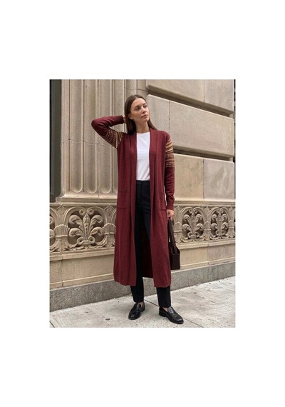 Onno Style Women Kilim Desen Uzun Triko Kadın Hırka Bordo