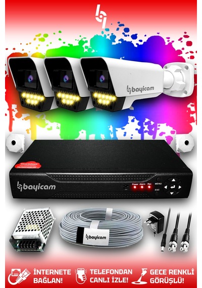 Bayicam 3 Kameralı Süper 3 Dış Kamera Set HDD'siz 5 MP 2K Renkli Gece Görüşlü Güvenlik Kamerası Sistemi