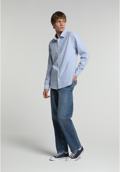Colin's Colins Regular Fit Shirt Neck Çizgili Erkek Mavi Uzun Kol Gömlek Cl1082665 Q1.v1 Ble