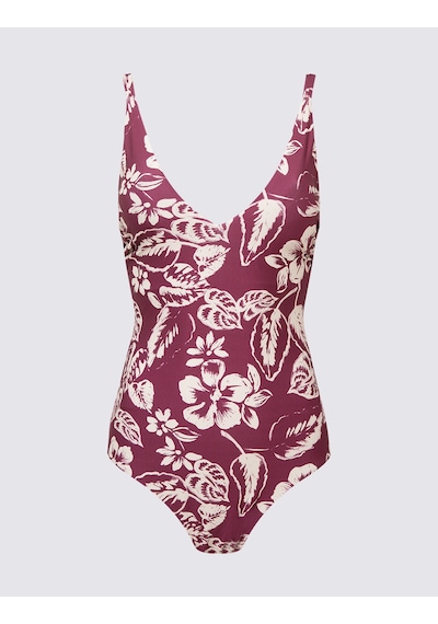 Marks & Spencer Regular Fit Yaprak Desenli Plunge Mayo T52000995H Kırmızı
