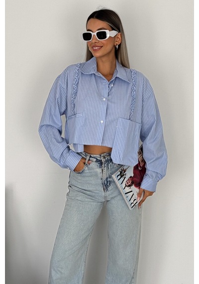 Femelle Mavi Tasarım Çizgili Crop Gömlek