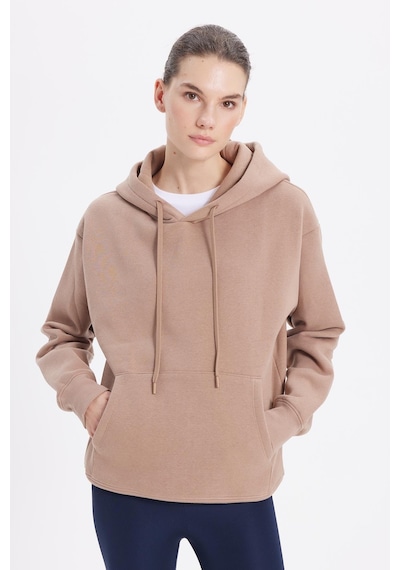 Tudors Kadın Oversize Geniş Kesim Pamuklu Yumuşak Dokulu İçi Polarlı Basic Vizon Kapüşonlu Sweatshirt-37905 VIZON