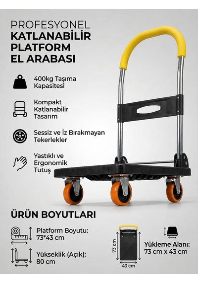 Tr Profesyonel Katlanabilir Platform El Arabası 400 Kg Kapasiteli Taşıma Arabası Döner Tekerlekli