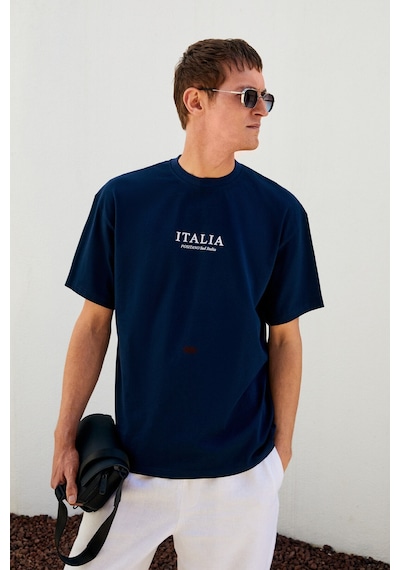 Grımelange ITALIA Erkek %100 Organik Pamuk Ön Arka Baskı Detaylı Oversize Kısa Kol Lacivert T-Shirt