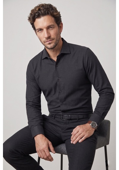 Slim Fit İtalyan Yaka Pamuklu Kolay Ütülenebilir Siyah Gömlek Gk 761