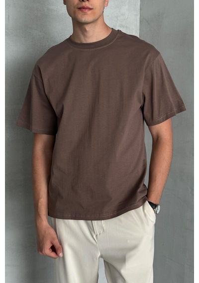 Hyman Erkek %100 Pamuk Oversize Basic T-shirt Kahverengi