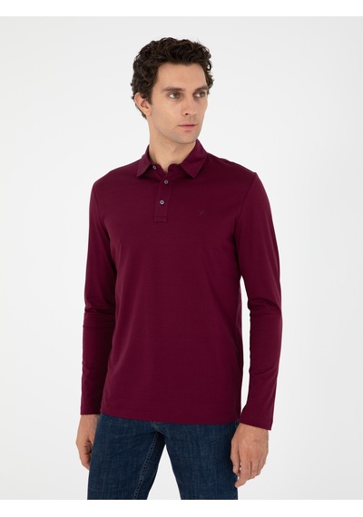 Bordo Regular Fit %100 Pamuk Polo Yaka Sweatshirt Kırmızı