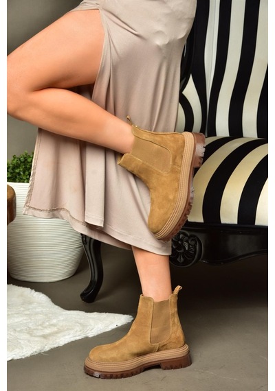 Fox Shoes R555235102 Taba Hakiki Deri Süet Kadın Bot Taba-Süet Taba
