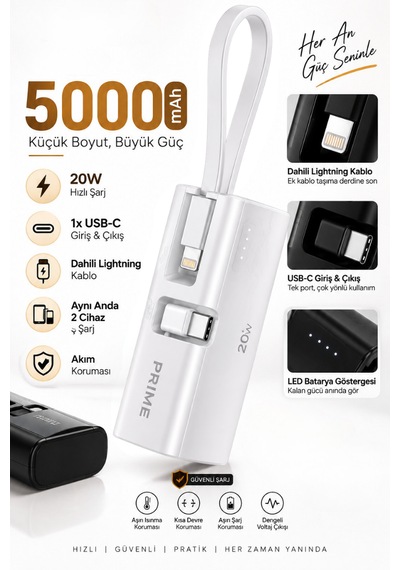 5000 Mah Powerbank 20w Pd Hızlı Şarj Dahili Lightning Kablolu Usb-c Taşınabilir Şarj Cihazı BEYAZ