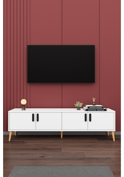Asra Trend Tv Ünitesi T-01 %100 MDF 160 cm Tv Sehpası 4 Kapaklı Raflı Beyaz