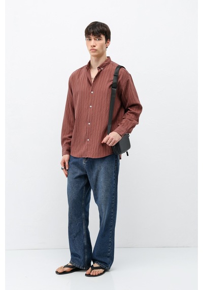 Vamos Çizgili Lyocell Kumaş Oversize Gömlek Bordo
