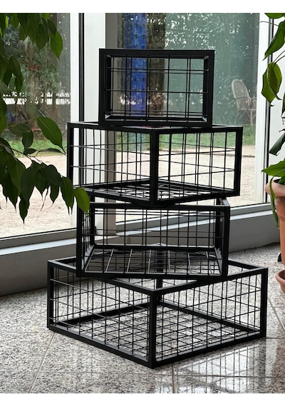 Metal Tel Kasa Sepet - 4'lü Set - Dekoratif, Taşınabilir Ürün Kasası, Sele Sepet 30-35-40-45 Cm H:20 Cm Siyah