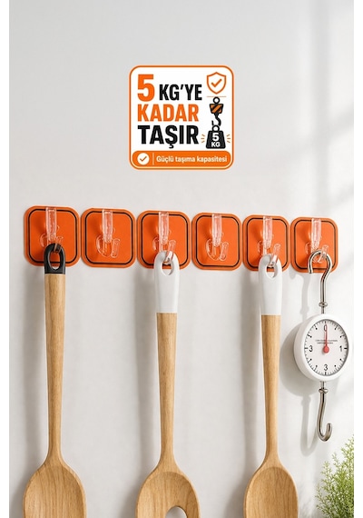 6'lı Turuncu Yapışkanlı Duvar Askısı Bornoz Havlu Mutfak Banyo Organizer 35 cm