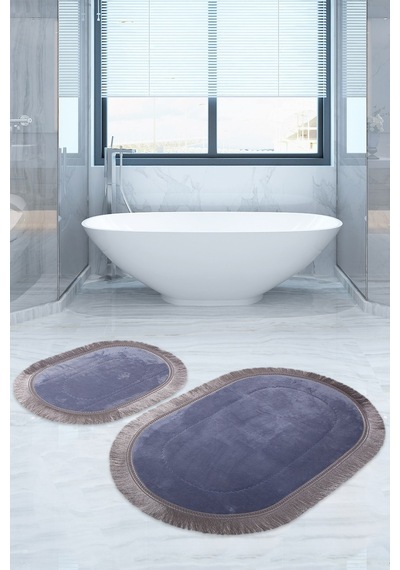 Bonny Home Pera Gri 2'li Banyo Paspası Seti Kaymaz Tabanlı Saçakl Gri