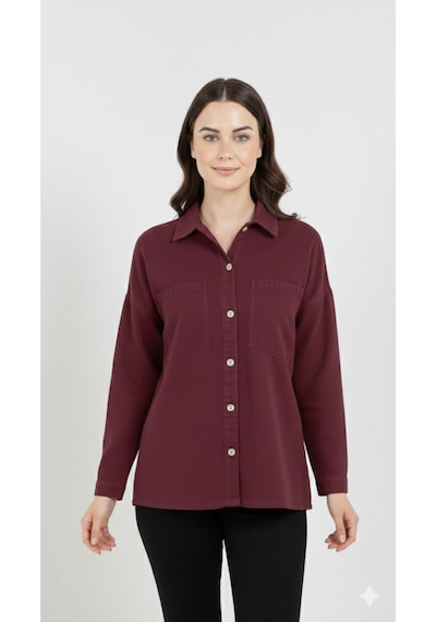 Kadın Kot Rahat Kesim Cepli Düz Denim Gömlek Bordo