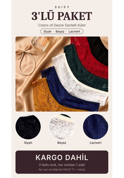 Suısy Colors Of Desire Dantelli Külot 3'lü Paket Siyah - Beyaz - Lacivert Çok Renkli
