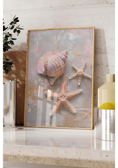 Zestia Ahşap Çerçeveli Tablo, Deniz Kabukları Ve Yıldız, Banyo Dekoru Poster No: 112014 30 X 40