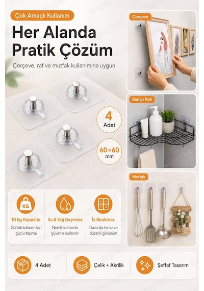 Vidalı Tırnak Kanca Kendinden Yapışkanlı Raf Çerçeve Tutucu Askı 4 Adet Şeffaf