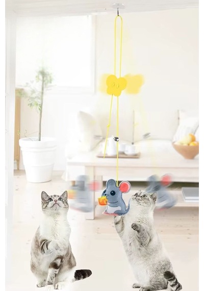 Yusa Stores Kendiliğinden Yapışkanlı Uzun İpli Tüylü Zilli Peluş Kedi Oyun Oltası Kedi Oyuncağı