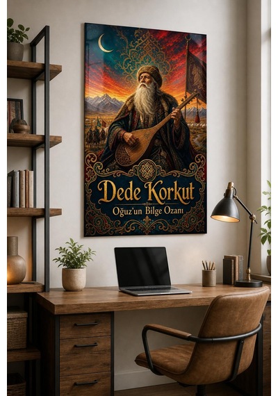Dede Korkut Temalı Baskılı Cam Tablo Türk Kültürü Dekoratif Duvar Tablosu