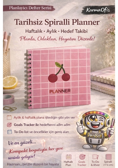Pembe Kareli Kiraz Desenli Spiralli Tarihsiz Planner Haftalık & Aylık Planlayıcı Defter, 17.5x18 Cm Diğer