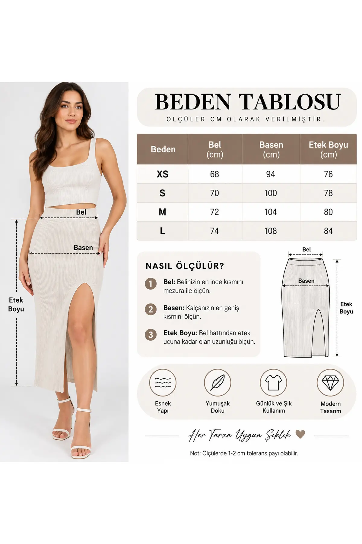 Neco Giyim Ekru Fitilli Triko Yırtmaçlı Midi Etek Esnek Örme Kalem Etek