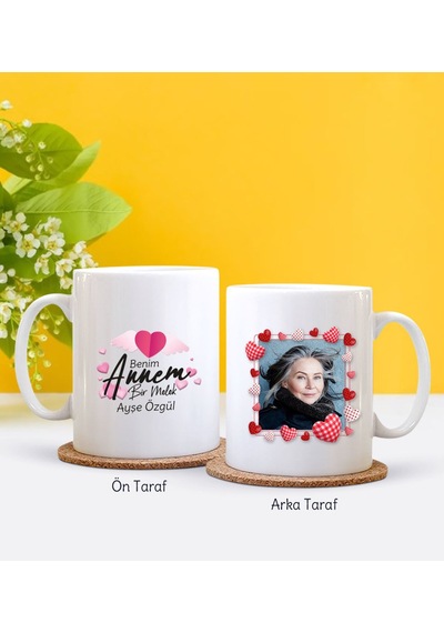 Kişiye Özel Fotoğraflı Benim Annem Bir Melek Tasarımlı Beyaz Kupa