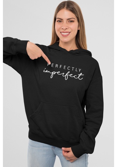 Nevermind Kadın Kapüşonlu Sweatshirt Perfectly Imperfect Yazılı Oversize Siyah