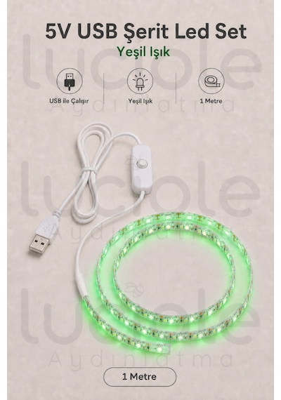 1 Metre 5v Usb Yeşil Şerit Led Aç Kapa Anahtarlı Gaming Tv Masa Raf Araç Dekoratif Işık