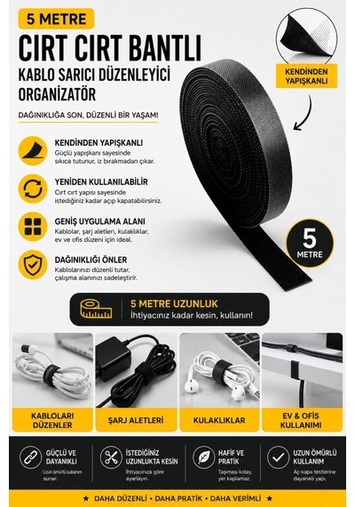 Polham 5 Metre Cırt Cırt Bantlı Kablo Sarıcı Düzenleyici Organizatör Kesilebilir, Yeniden Kullanılabilir