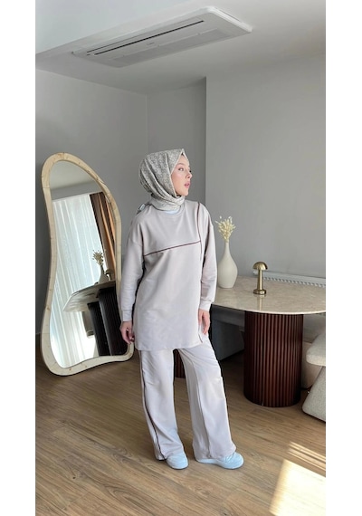 Mihran Butik Olivia Kadın Mevsimlik Penye Alt Üst Spor Ve Rahat Tesettür İkili Takım Bej