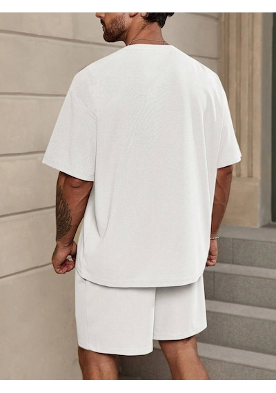 Tarzsokak Manfinity Homme Loose Fit Erkek Düz Renk Düşük Omuzlu Tişört Ve Şort Beyaz