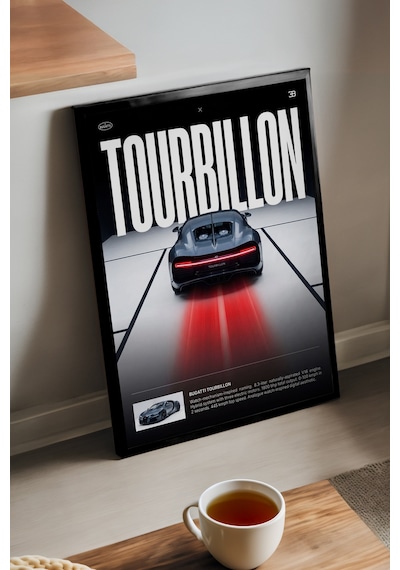 Bugatti Tourbillon Siyah Ahşap Çerçeveli Poster, Dekoratif Araba Duvar Tablosu