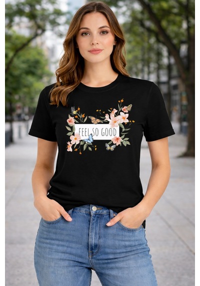 Herkesemoda Feels So Good Baskı Detaylı Basic T-shırt Siyah