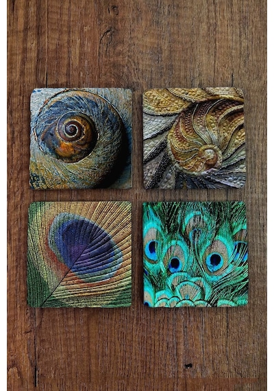 Baskılı Doğal Taş Bardak Altlığı 4'lü Set 10x10x1 Cm - Doğal Desenler - Stone Coasters Çok Renkli