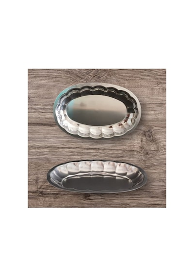 2 Adet Paslanmaz Çelik 430 Kalite Kayık Tabak 24x16 Cm Servis Tabağı Kahvaltılık, Meze, Salata Metalik